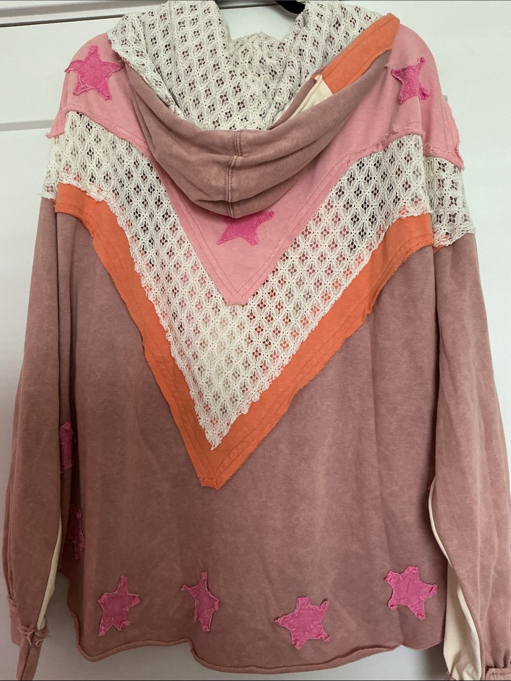 Adorable Distressed Hooded Jacket Top with Lace. XL New. Longer in back - Picture 2 of 8